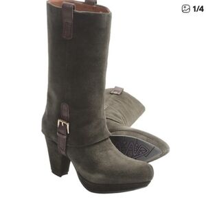 Earthies Lintz Dark Pine Green Suede Leather Heeled Boots W8 Thick Heel/Platform